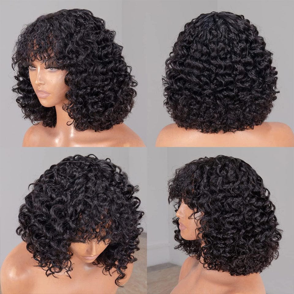 AILUXY Deep Wave Noir Bob Perruque Avec Frange 100% Cheveux Humains