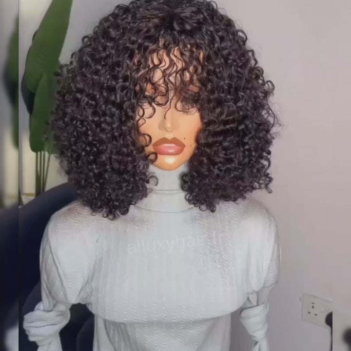AILUXY Water Wave Noir Bob Perruque Avec Frange Fabriquée À La Machine 100% Cheveux Humains