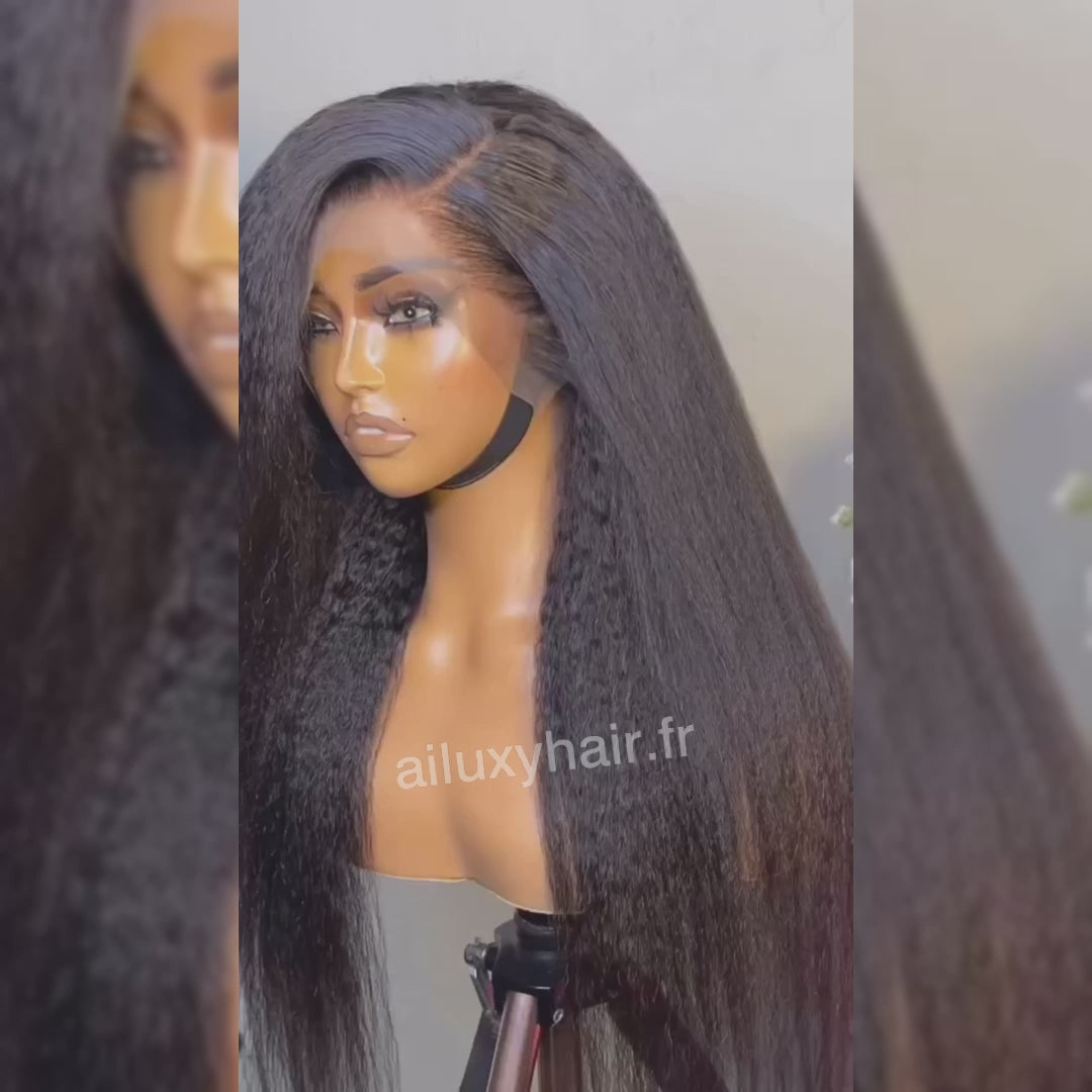 AILUXY 13x4 Lace Frontal Kinky Lisse Longue Noir Perruque 100% Cheveux Humains