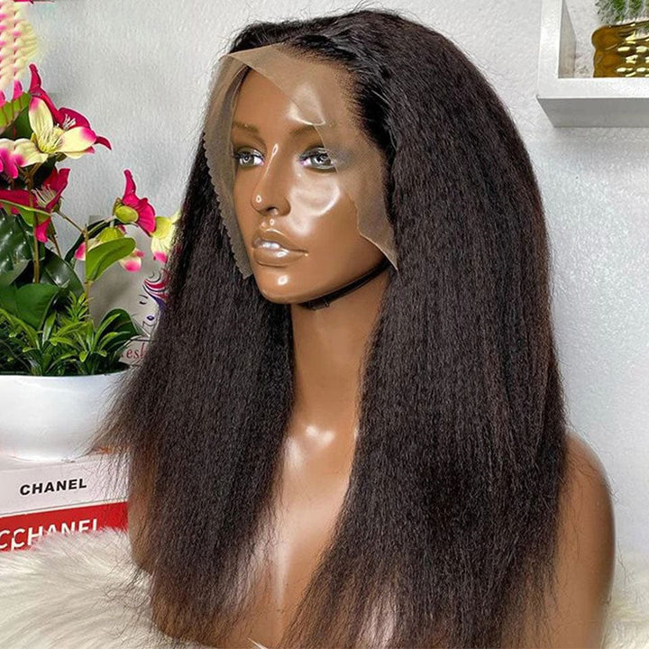 AILUXY 13x6 Lace Frontal Kinky Lisse Longue Noir Perruque 100% Cheveux Humains comme sur la vidéo 2 - 3 jours reçus+Un beau cadeau