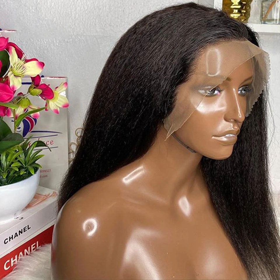 AILUXY 13x6 Lace Frontal Kinky Lisse Longue Noir Perruque 100% Cheveux Humains comme sur la vidéo 2 - 3 jours reçus+Un beau cadeau