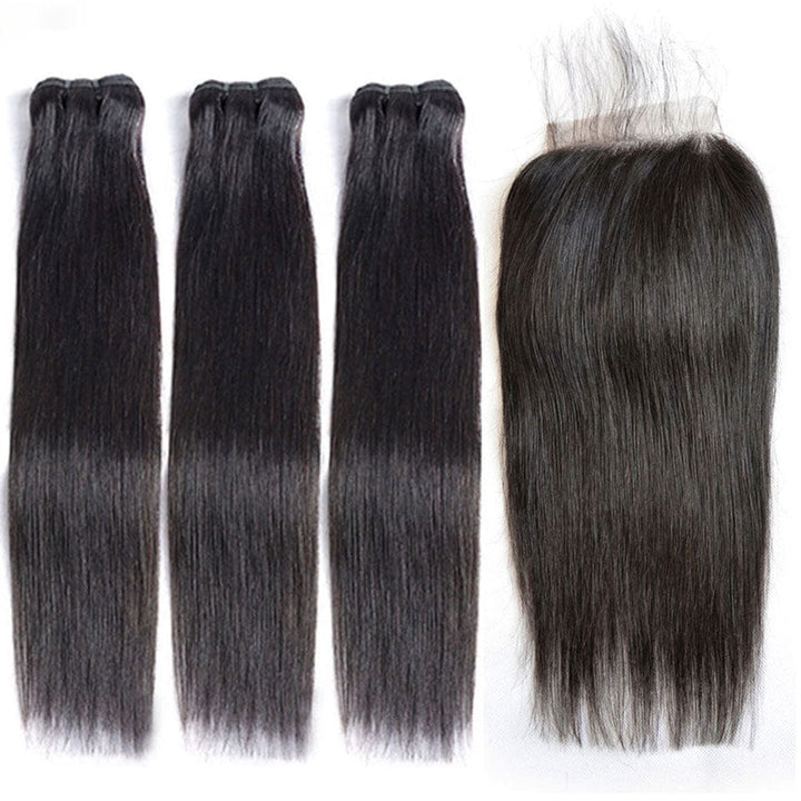 AILUXY 3 Paquets Avec 4x4 Lace Closure Lisse Noir