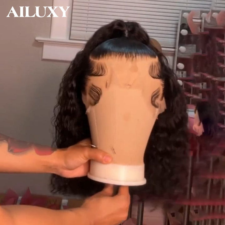 AILUXY Perruque à Queue de Cheval Curly Ondulée 13x4 Lace Frontal - 100% Cheveux Humains
