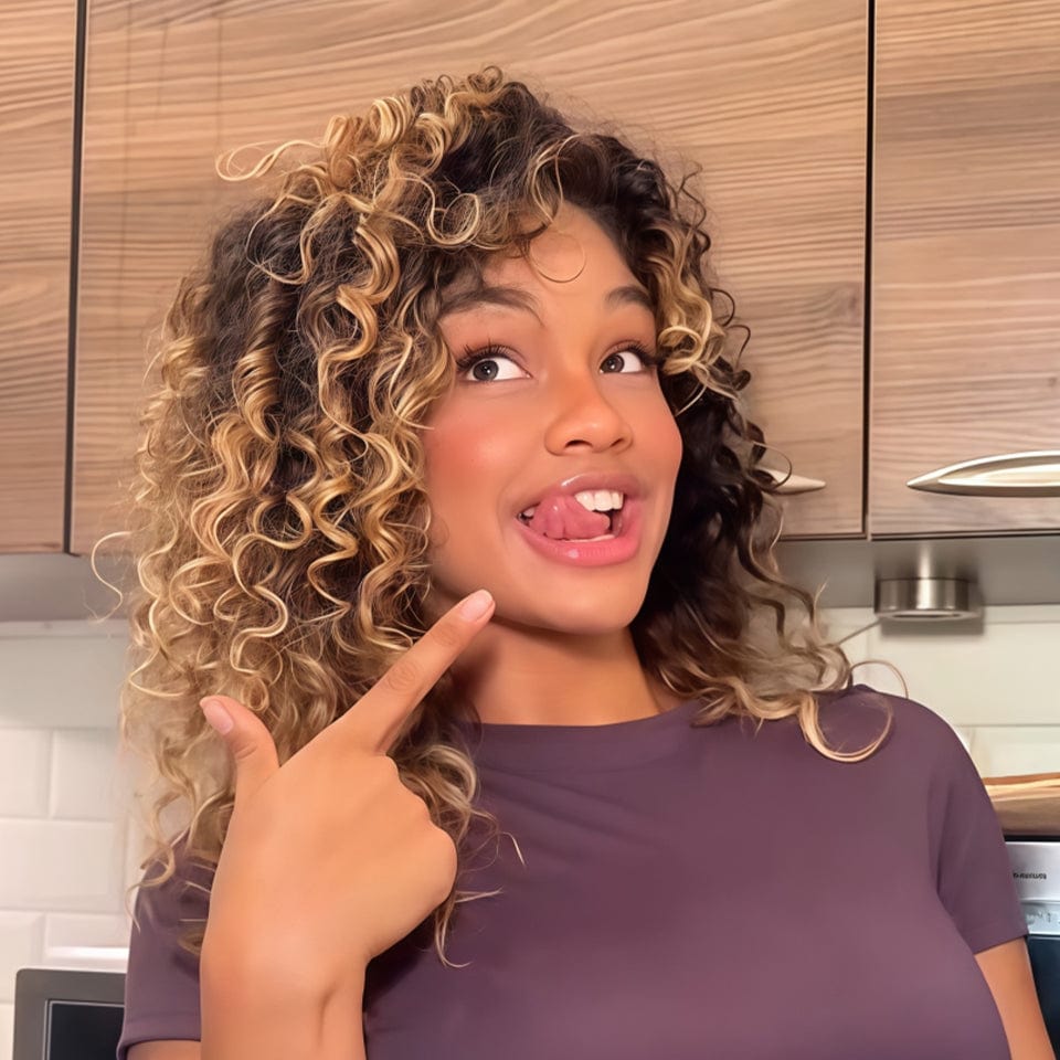 Ailuxy Glueless Couleur Blond Foncé Doré Ombré Perruque Sans Colle Bouclé Bob 4.0