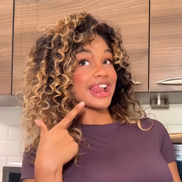 Ailuxy Glueless Couleur Blond Foncé Doré Ombré Perruque Sans Colle Bouclé Bob 4.0