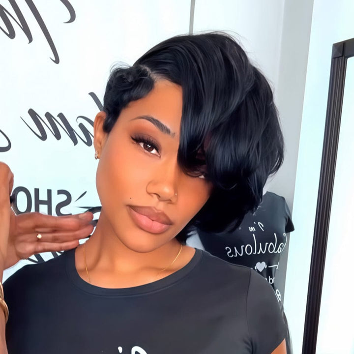 AILUXY Perruque courte Pixie Cut 13X4 à demi-dentelle avec fermeture 4.0