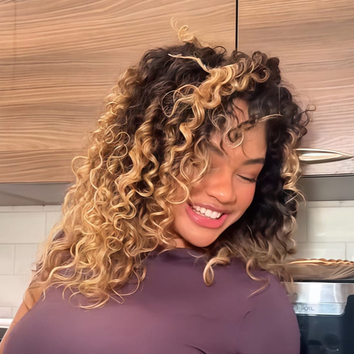Ailuxy Glueless Couleur Blond Foncé Doré Ombré Perruque Sans Colle Bouclé Bob 4.0