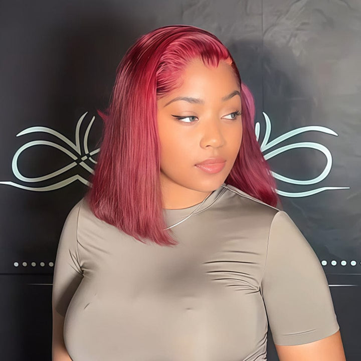 AILUXY 13x4 Lace Perruque Lisse Bob Perruque Courte 99J 200% densité 100% cheveux humains comme sur la vidéo