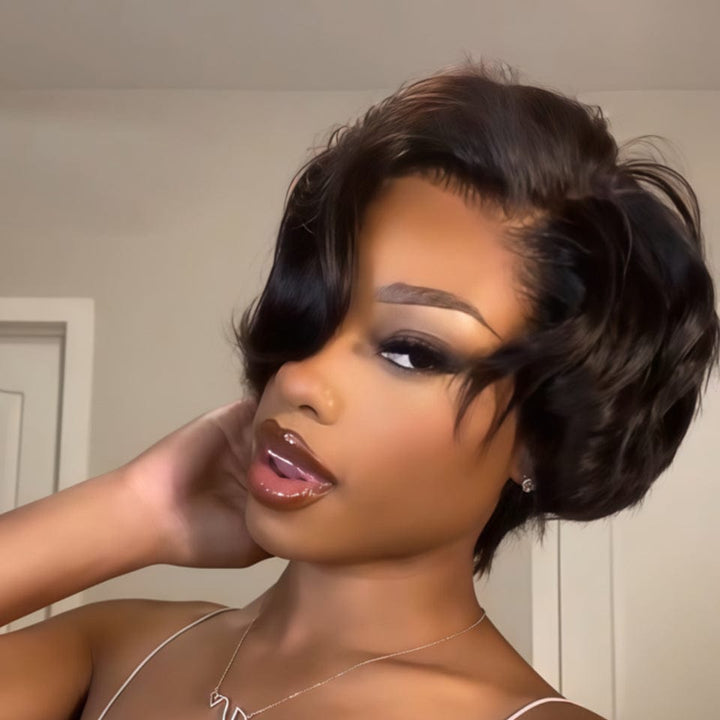 AILUXY Perruque courte Pixie Cut 13X4 à demi-dentelle avec fermeture 3.0