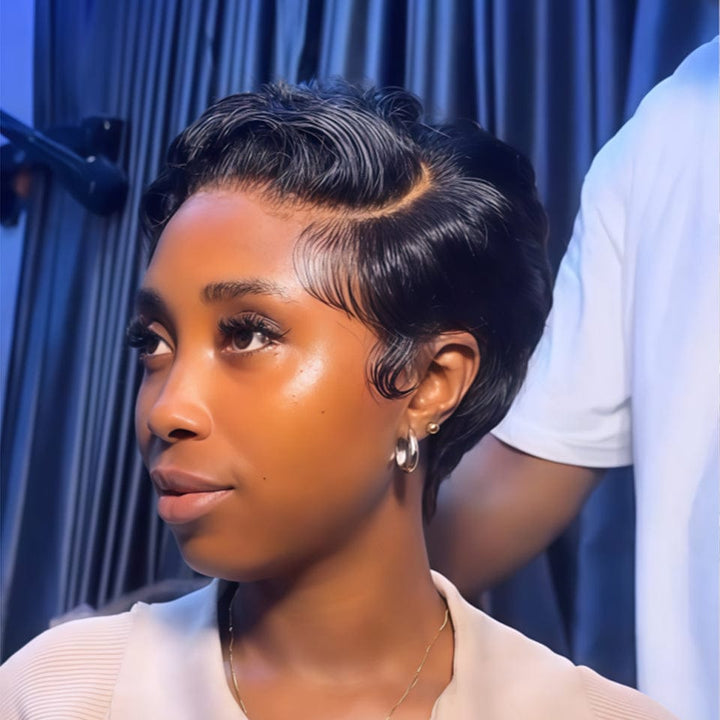 AILUXY Perruque courte Pixie Cut 13X4 à demi-dentelle Cheveux bouclés à la mode