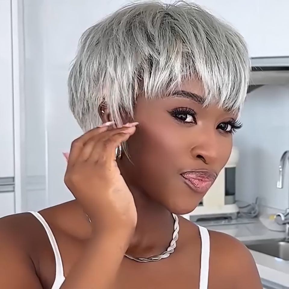 AILUXY Perruque personnalisée avancée Pixie Gris Groovy Baby Nouveau