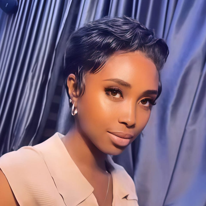AILUXY Perruque courte Pixie Cut 13X4 à demi-dentelle Cheveux bouclés à la mode