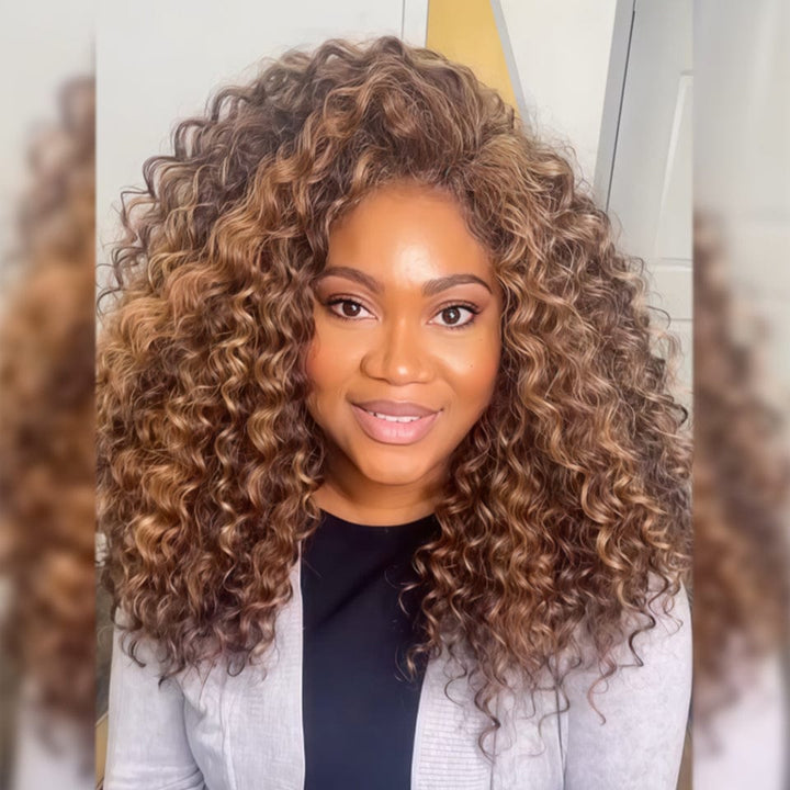 AILUXY 13x4 Lace Frontal Deep Wave Brun Balayage Miel Bob Perruque 100% Cheveux Humains