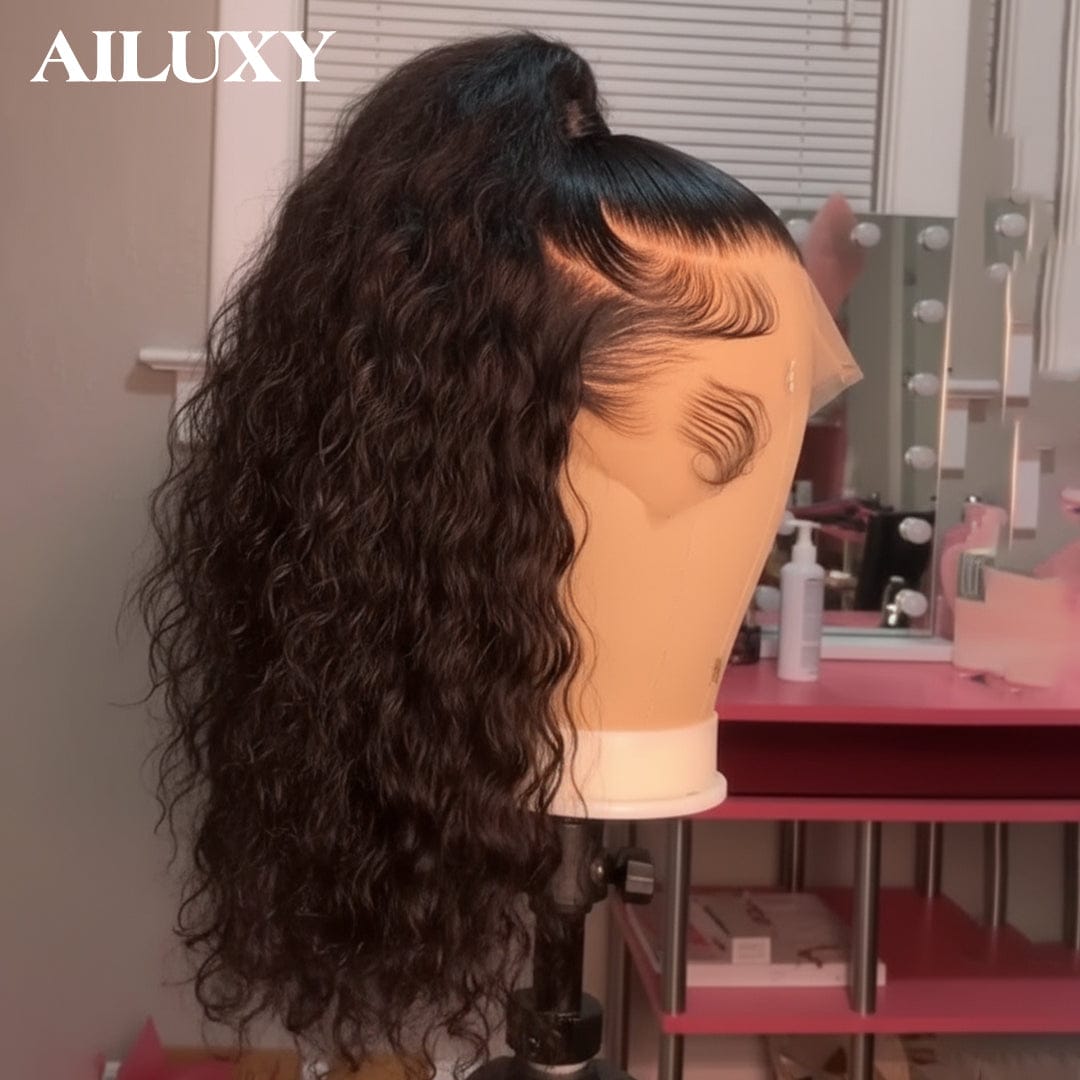 AILUXY Perruque à Queue de Cheval Curly Ondulée 13x4 Lace Frontal - 100% Cheveux Humains