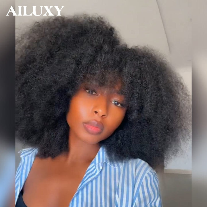 AILUXY Perruque Bob Afro Curly Avec Frange 100% Cheveux Humains Densité 300% Sans Colle