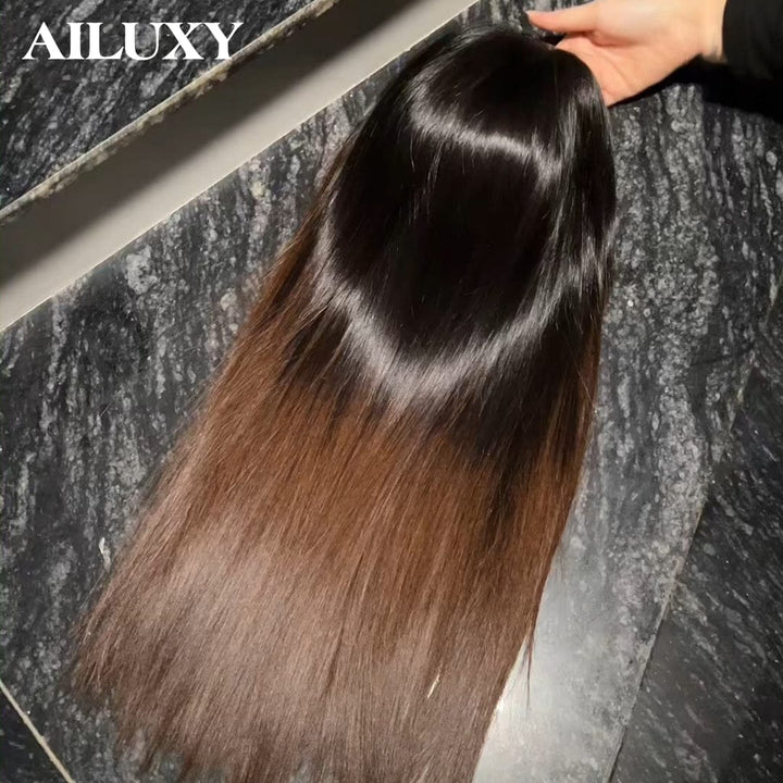 AILUXY Perruque Humaine 4x4 Lace Front Longue et Lisse – Couleur Châtain Dégradé Authentique