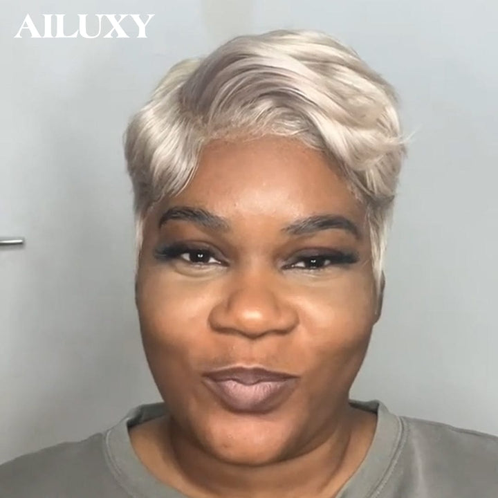 AILUXY Perruque 13x4 Lace Front Naturelle, Cheveux Humains Courts et Doux, Couleur Blond Cendré