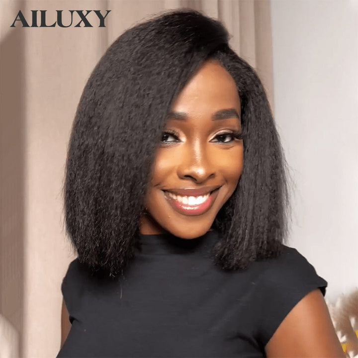 Sans colle AILUXY 13x4 Lace Frontal Kinky Lisse Noir Bob Perruque 200% Densité 100% Cheveux Humains