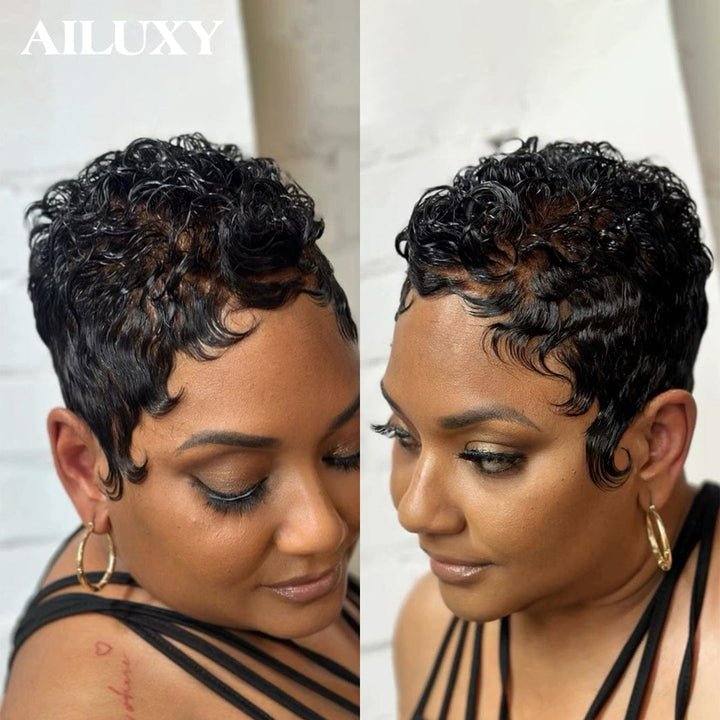 AILUXY Perruque full lace Pixie Couleur Naturelle 100% Cheveux Humains Naturels, Identique à l'image 2.0