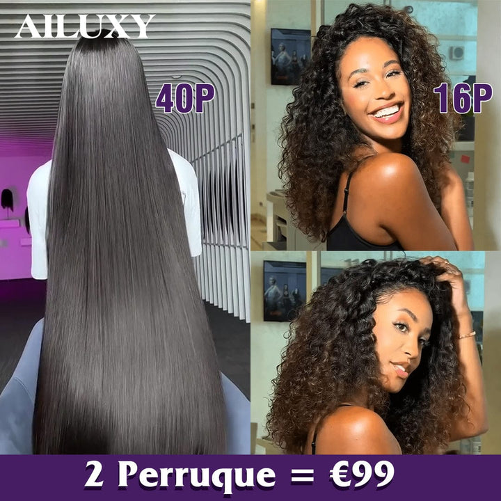 AILUXY 2 Perruques=€99 Sans Colle Lisse avec Frange 40 Pouces et 13x4 Lace Frontal Perruque Curly 1bt4 16 Pouces en 100% Cheveux Humains