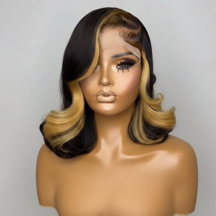 AILUXY Perruque bob en Dentelle Couleur Mèches 100% Cheveux Humains Naturels, Identique à l’image