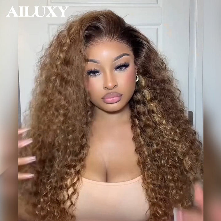 AILUXY 13x4 Lace Frontal Brun Aux Reflets Blonds Curly Bouclé Longue Perruque 100% Cheveux Humains Densité 200%