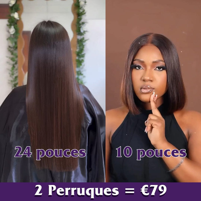AILUXY 2 Perruques=€79 Perruque lace 13x4 SY lisse 24 pouces et 13x4 Lace Frontal Perruque lisse 1bt30 10 Pouces en 100% Cheveux Humains