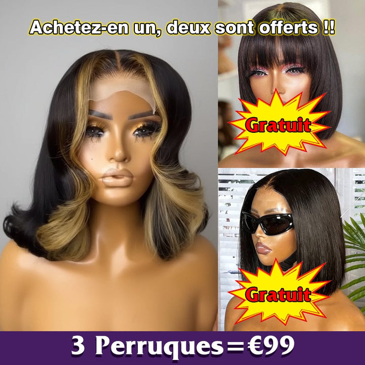 AILUXY 3 Perruques=€99  Perruque bob en Dentelle Couleur Mèches 100% Cheveux Humains Naturels et Perruque  lisse SY bob 10 pouces avec bang et Partie centrale de perruque  SY lisse bob 10 pouces