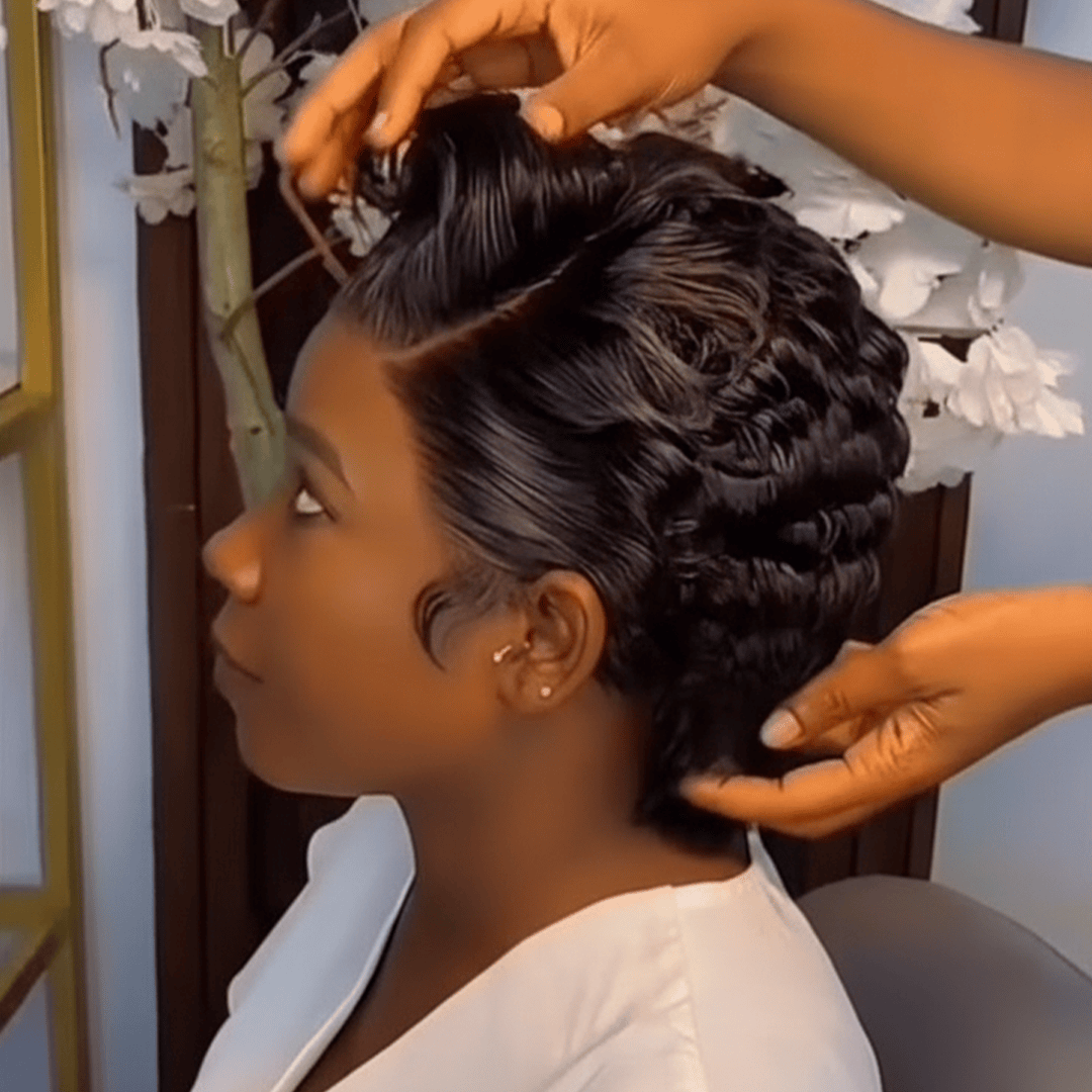 AILUXY Perruque Pixie 13x4 Lace Frontal Bouclé Noir - Conception Sans Colle