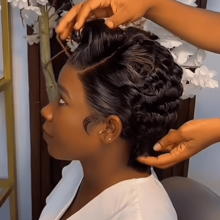 AILUXY Perruque Pixie 13x4 Lace Frontal Bouclé Noir - Conception Sans Colle