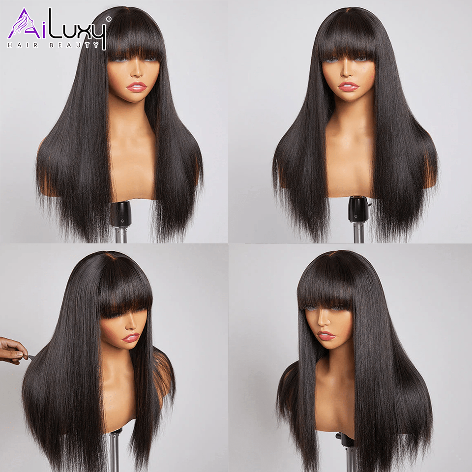 (En France)AILUXY Perruque 100% fabriqué à la machine Lisse Longue Noir Perruque 100% Cheveux Humains