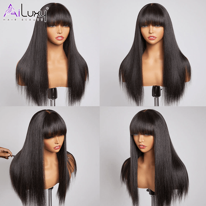 (En France)AILUXY Perruque 100% fabriqué à la machine Lisse Longue Noir Perruque 100% Cheveux Humains