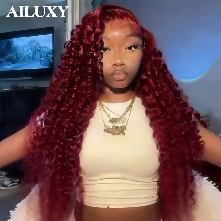 AILUXY Perruque Curly Lace Front 13x4 Frontal 99J Bourgogne Bouclée – Cheveux 100% Naturels pour un Look Glamour