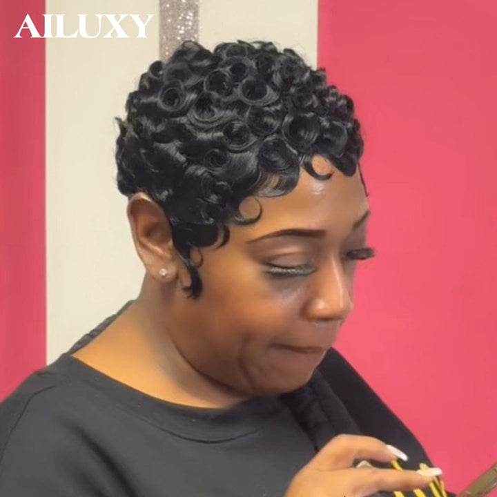 AILUXY Perruque Pixie Finger Wave | Sans Lace, 100% Cheveux Humains, Fabriquée à la Machine