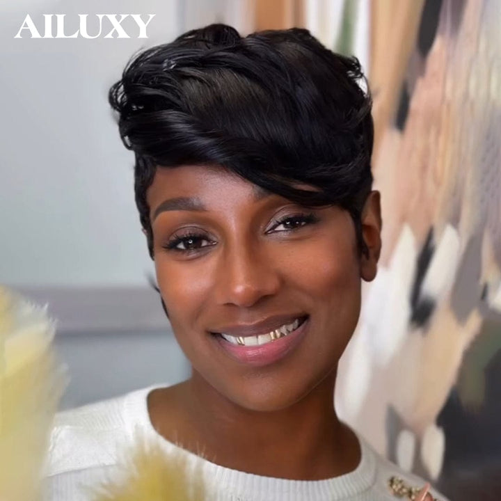 AILUXY Perruque full lace Pixie Couleur Naturelle 100% Cheveux Humains Naturels, Identique à l'image