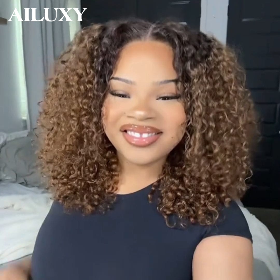 AILUXY Perruque Bob Curly 13x4 en Dentelle Couleur Brun Miel 1BT4# | Look Naturel et Élégant
