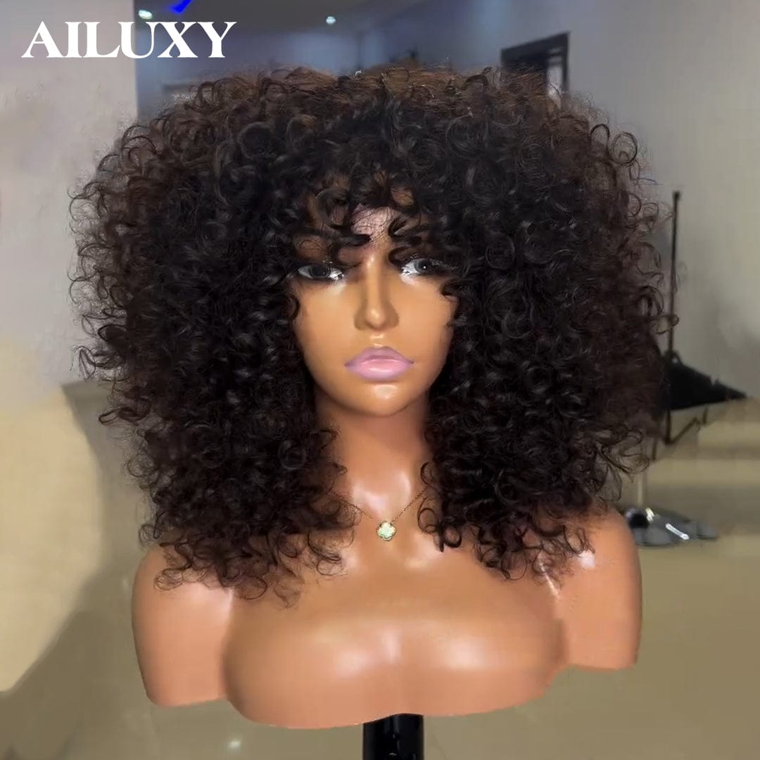 AILUXY Perruque Bob Curly Avec Frange Sans Colle 100% Cheveux Humains