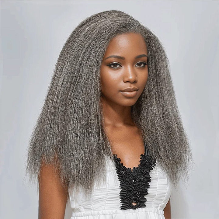 AILUXY 13x4 Lace Frontal Gris Bob 200% densité Kinky Straight