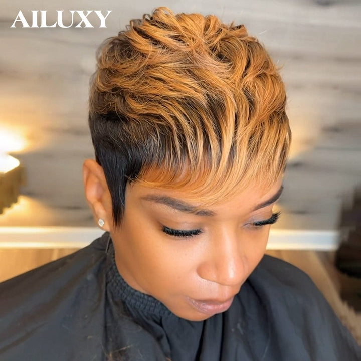 AILUXY Perruque pixie chioma Promotion Fabriqué à la Machine couleur 1B27# en 100% Cheveux Humains