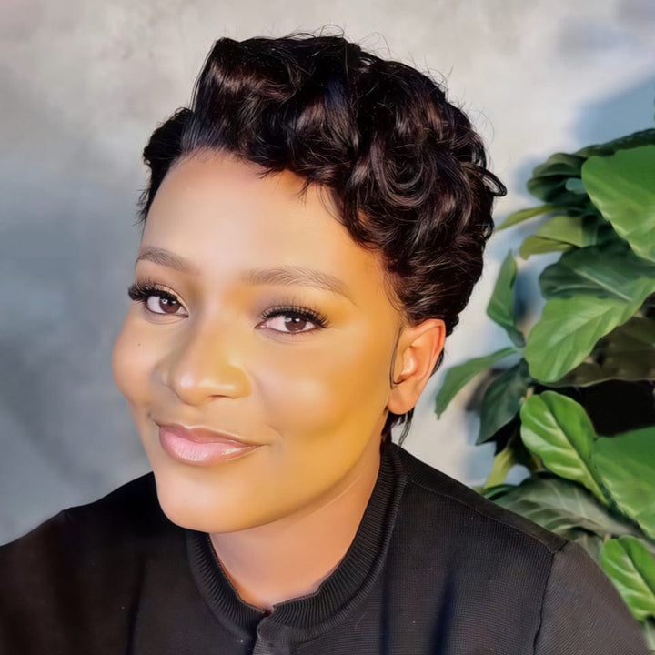 AILUXY Perruque courte Pixie Cut 13X4 à demi-dentelle Cheveux bouclés à la mode