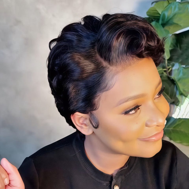AILUXY Perruque courte Pixie Cut 13X4 à demi-dentelle Cheveux bouclés à la mode