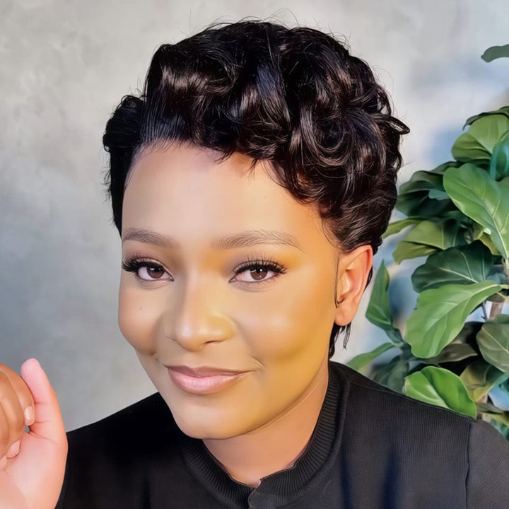 AILUXY Perruque courte Pixie Cut 13X4 à demi-dentelle Cheveux bouclés à la mode
