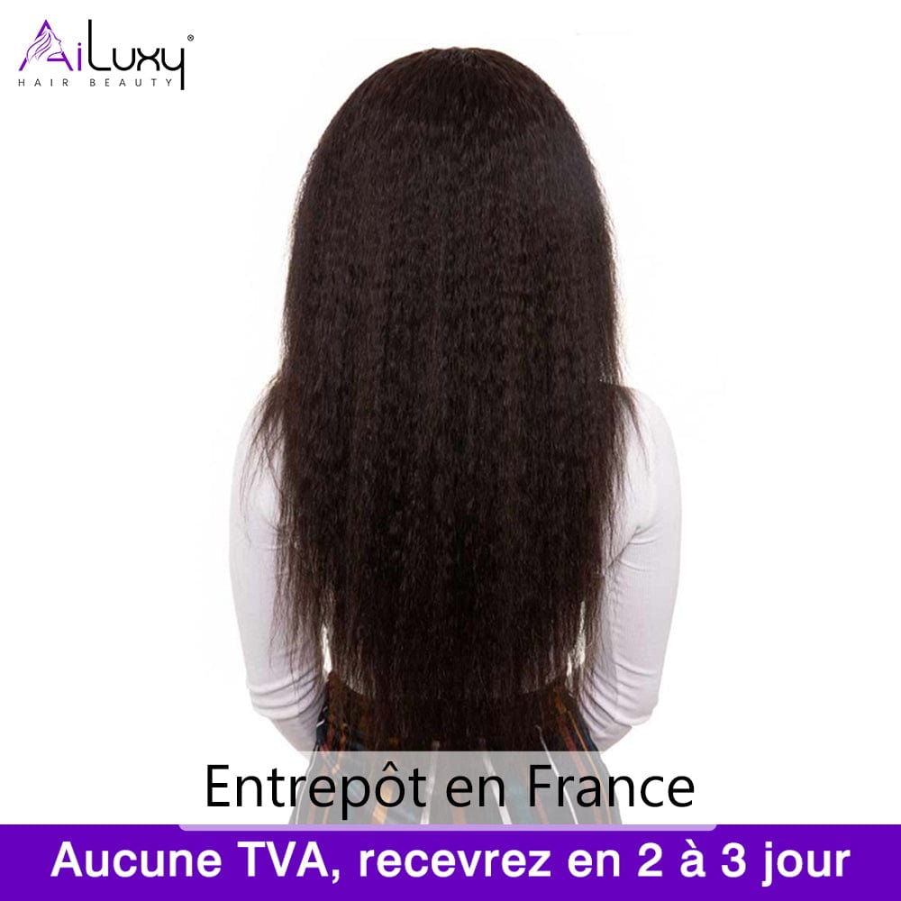 （En france）AILUXY 4x4 Lace Frontal 200%densité Perruque Kinky Lisse Perruque Longue Noir 100% Cheveux Humains comme sur la vidéo 2 - 3 jours reçus+Un beau cadeau