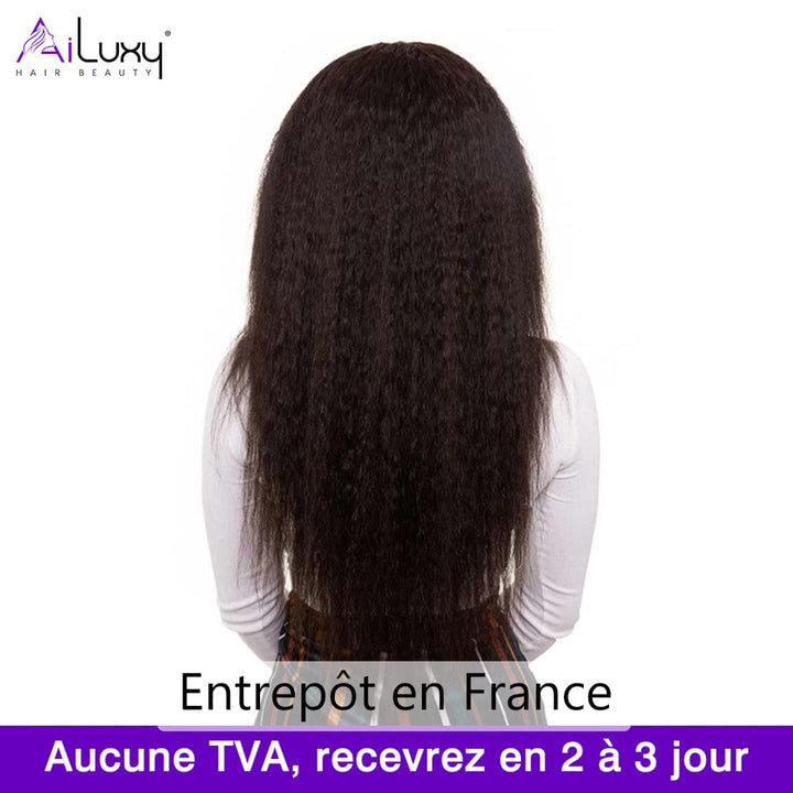 （En france）AILUXY 4x4 Lace Frontal 200%densité Perruque Kinky Lisse Perruque Longue Noir 100% Cheveux Humains comme sur la vidéo 2 - 3 jours reçus+Un beau cadeau