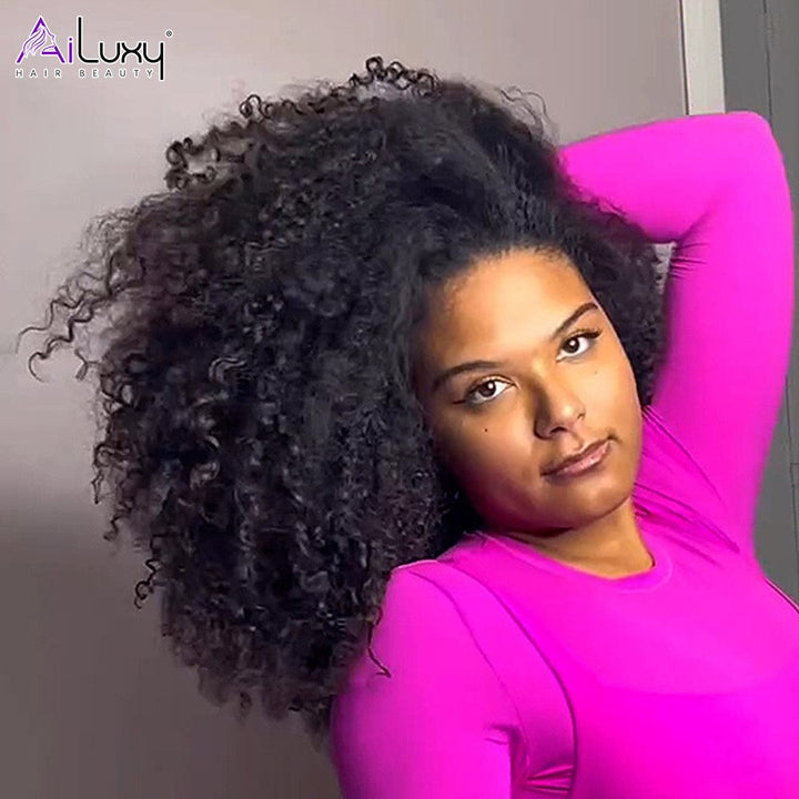 AILUXY 13x4 Lace Perruque Bouclée Bob Noir Perruque 200% densité 100% cheveux humains