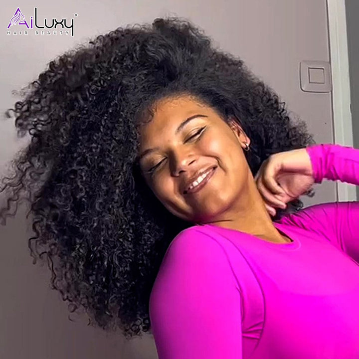 AILUXY 13x4 Lace Perruque Bouclée Bob Noir Perruque 200% densité 100% cheveux humains