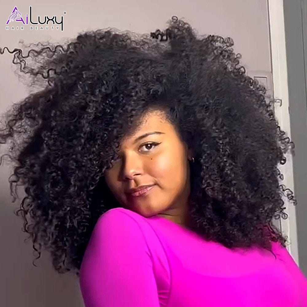 AILUXY 13x4 Lace Perruque Bouclée Bob Noir Perruque 200% densité 100% cheveux humains