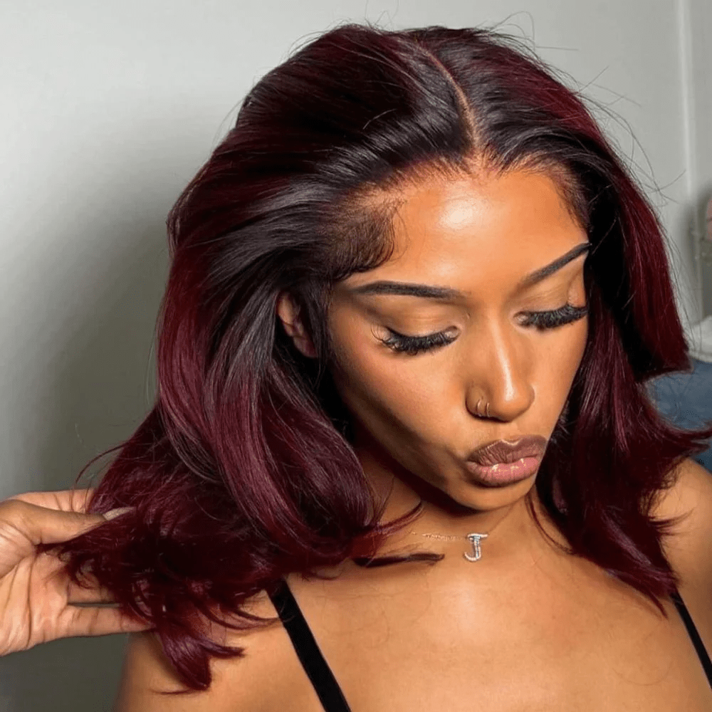 AILUXY Vagues Wavy 4x4 Lace Perruque Courte Couleur Naturelle 100% Cheveux Humains Perruque 1B/99J