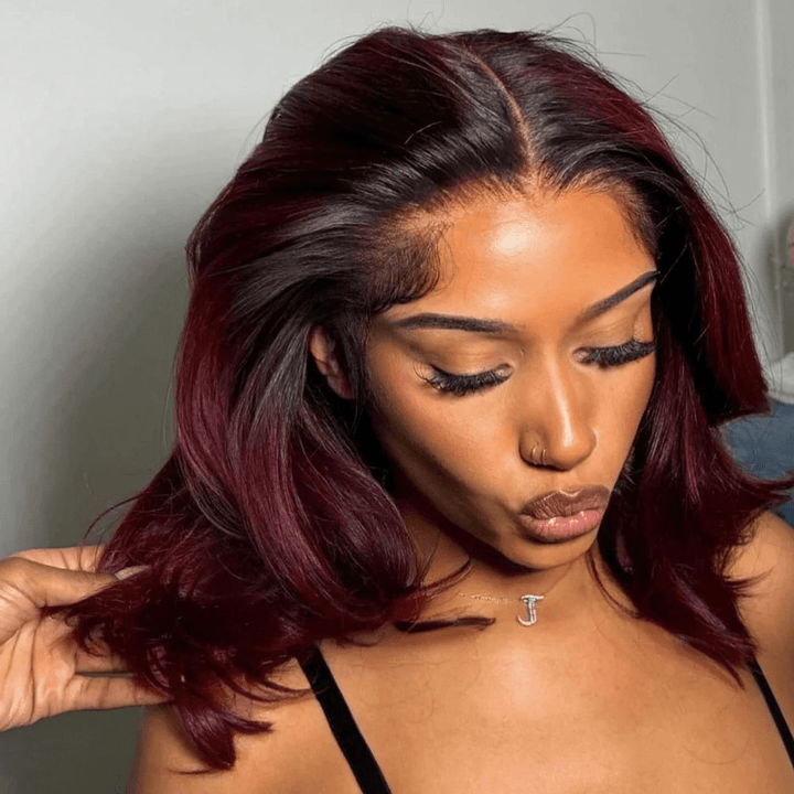 AILUXY Vagues Wavy 4x4 Lace Perruque Courte Couleur Naturelle 100% Cheveux Humains Perruque 1B/99J