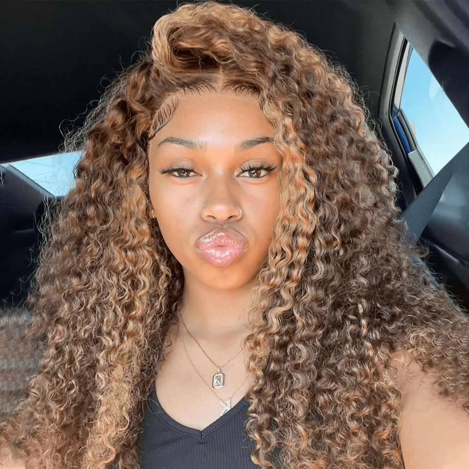 (Dernier Prix) AILUXY 13x4 Lace Frontal Brun Aux Reflets Blonds Bouclé Longue Perruque 100% Cheveux Humains Densité 200%